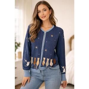 Quacker factory sweater womens medium M navy cardigan cat crazy lady full zip